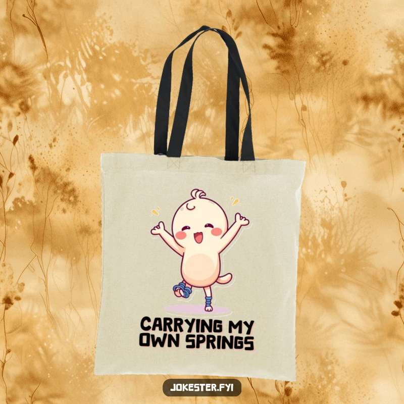 Funny Tote Bag: A character with comically large springs on its feet is depicted in a silly, jubilant dance pose, full of humor.