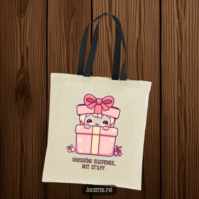 Funny Tote Bag: A mischievous character peeking from behind a large, colorful, gift-wrapped present.