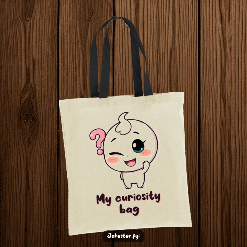 Funny tote bag depicting a smiling character mischievously tickling a floating question mark, ideal for carrying day-to-day items.
