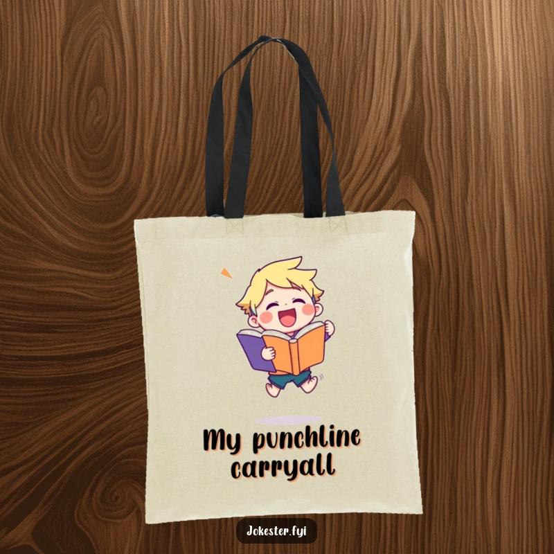Funny joke book tote bag illustrating a person jumping with glee, holding an oversized book of jokes, symbolizing happiness and humor.