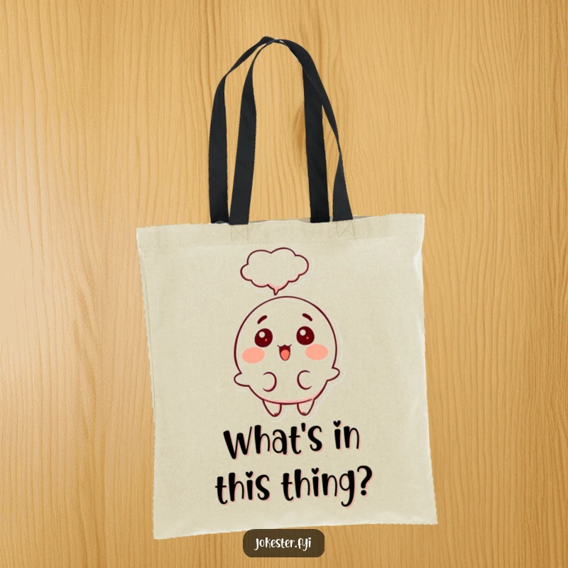 Funny surprised thought tote bag, a happy character with a wide-eyed surprised expression and a thought bubble, carrying daily necessities.